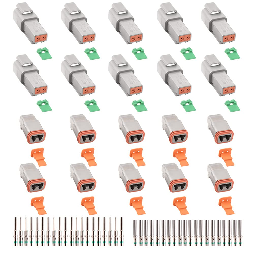 JRready ST6246 DT 2 Pin Connector 10 Sets, Gray Waterproof Electrical Wire Connector with Solid Contacts 14-16AWG