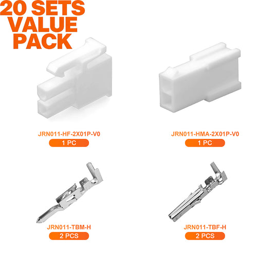 JRready JRN011 2 Pin Molex 4.2 Pitch Mini-Fit Jr Connector 5557 Series Power Wire Connector Kit Plug Receptacle Housing 18-24AWG Crimp Terminals Pin Sockets Natural（20 sets）