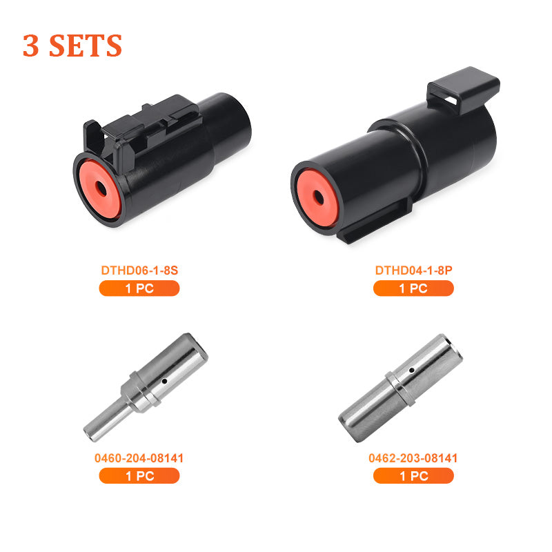 JRready DTHD Series 1-Pin Waterproof Connector Kit, 3 Sets with 8# Solid Contacts, 8-10AWG, 60A