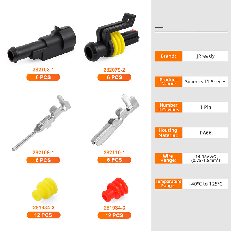 JRready 1-Pin Automotive Wire Connectors - Superseal 1.5 Series Waterproof Electrical Connectors, Automotive Electrical Connectors Kit (6 Sets)