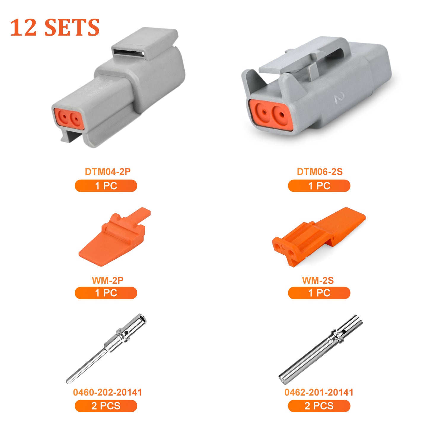 JRready DTM Series 2-Pin Connector Kit, 12 Sets with Wedge Locks & 20# Machined Solid Pin/Socket, 20-22AWG, Heavy-Duty for Truck Marine Agricultural