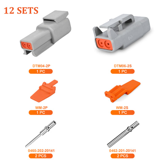 JRready DTM Series 2-Pin Connector Kit, 12 Sets with Wedge Locks & 20# Machined Solid Pin/Socket, 20-22AWG, Heavy-Duty for Truck Marine Agricultural