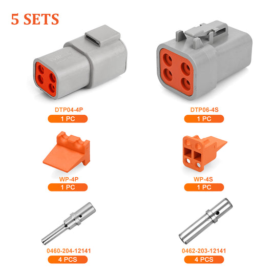 JRready DTP Series 4-Pin Waterproof Connector Kit, 5 Sets with Wedge Locks & 12# Solid Machined Contacts, 12-16AWG, 25A