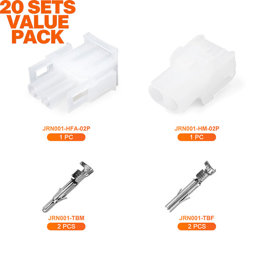 JRready MOLEX Connector JRN001 2 Pin (20Matched Sets), 2.13mm Diameter Sockets 14-20 AWG, Compatible with Molex MLX Power Connector, 6.35mm Pitch, Free Hanging(20 sets）