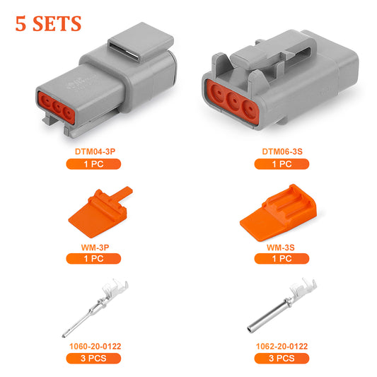 JRready 3-Pin Deutsch DTM Connector Kit with #20 Stamped Contacts, 16-22 AWG - Waterproof Marine, Truck, Motorcycle, Agricultural & Alternative Energy