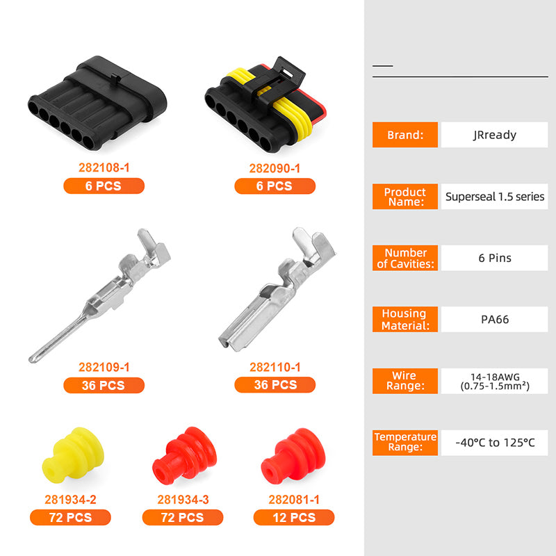 JRready 6-Pin Superseal 1.5 Series Sealed Connector Kit, 14-18 AWG Multi-Port Integrated Coupling High-Tenacity PA66 Housing Automotive Plug Set