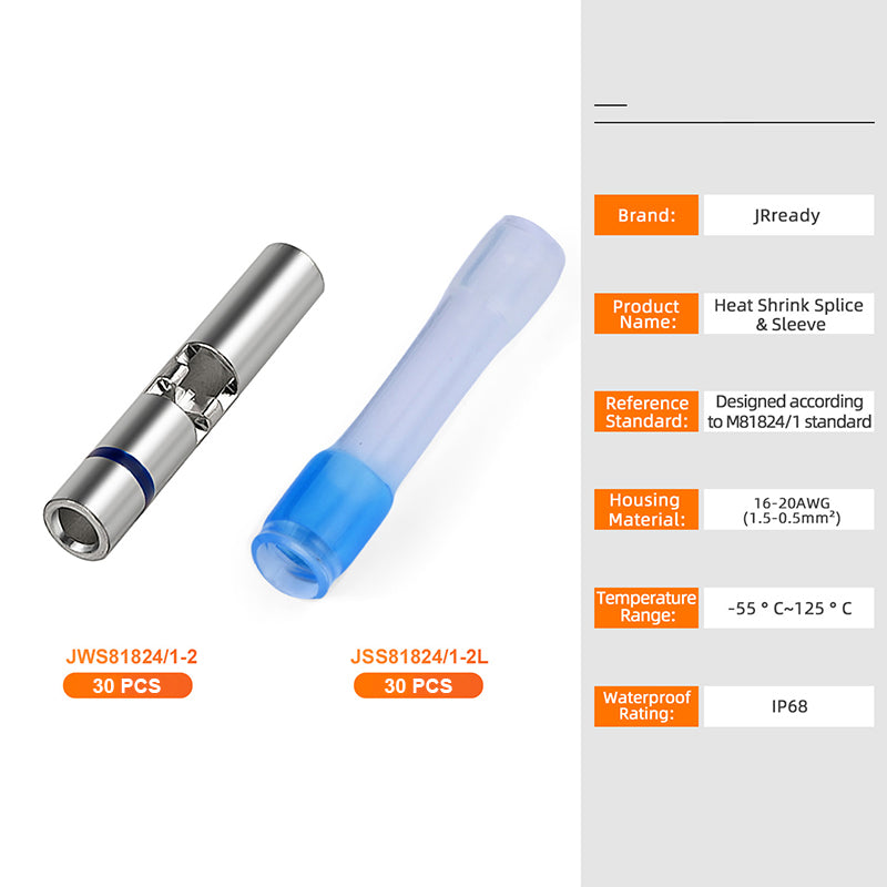 JRready 16-20 AWG Blue Butt Connectors Kit (30 Sets) - Waterproof Wire Connectors & Wire Splice Connectors with Transparent Heat Shrink Tubes