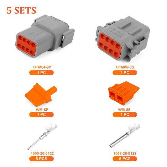 JRready 8-Pin Deutsch DTM Connector Kit with #20 Stamped Contacts, 16-22 AWG - Waterproof Marine, Truck, Motorcycle, Agricultural & Alternative Energy