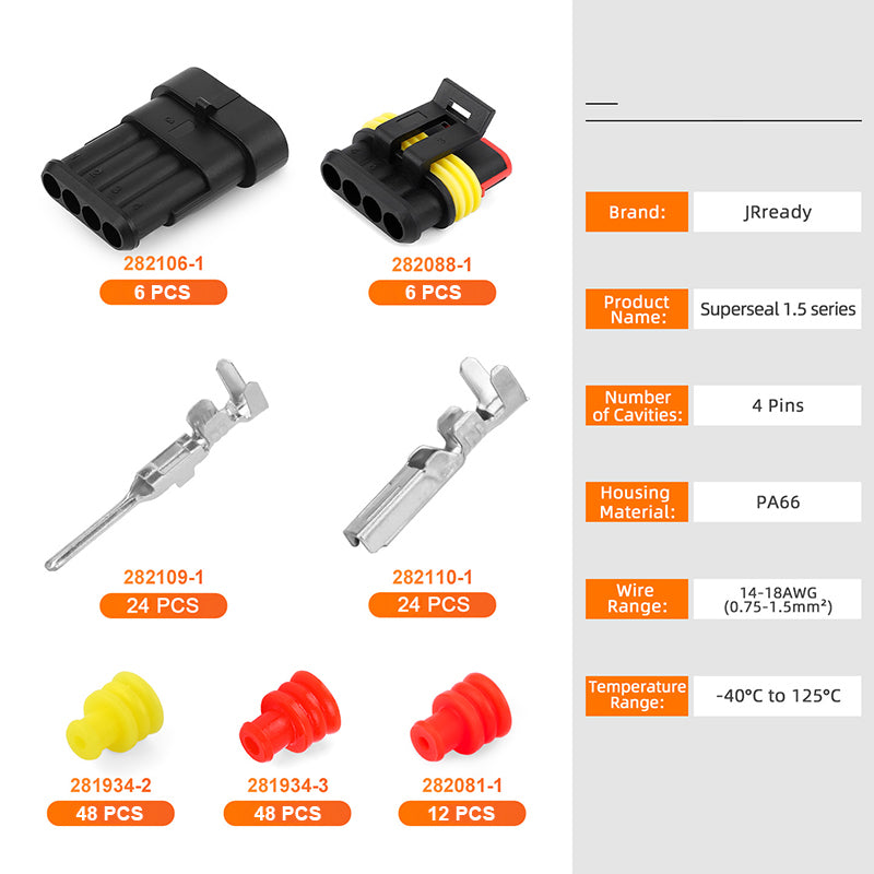 JRready Automotive Connectors 4 Pin Superseal 1.5 Series Waterproof Electrical Connectors (6 Matched Sets), 14-18 AWG, Compatible with AMP 282106-1 & 282088-1, Marine and Off-Road Wiring Reliability