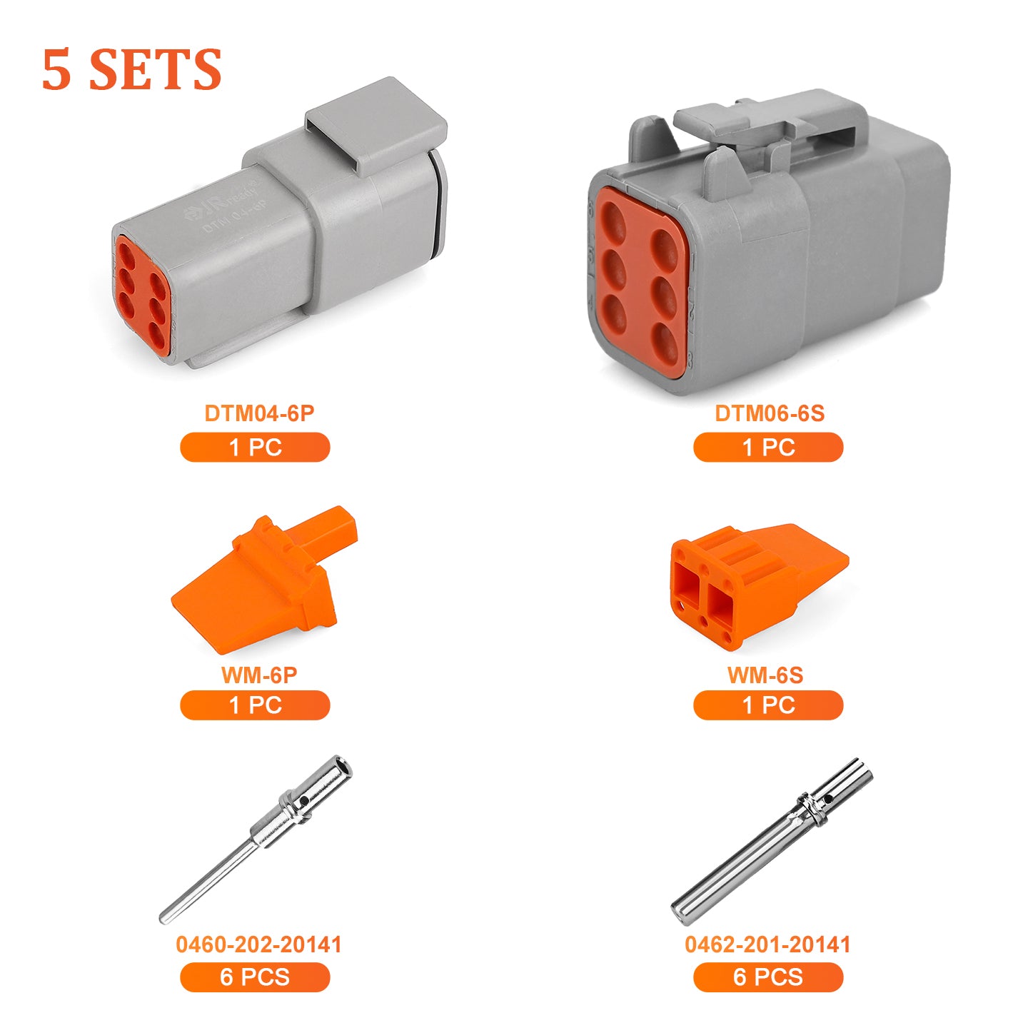 JRready 6-Pin Deutsch DTM Connector Kit with #20 Solid Contacts, 16-22 AWG - Waterproof Marine, Truck, Motorcycle, Agricultural & Alternative Energy