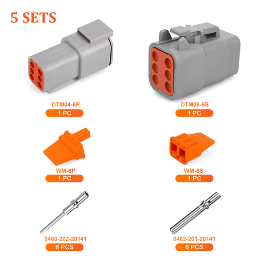 JRready 6-Pin Deutsch DTM Connector Kit with #20 Solid Contacts, 16-22 AWG - Waterproof Marine, Truck, Motorcycle, Agricultural & Alternative Energy