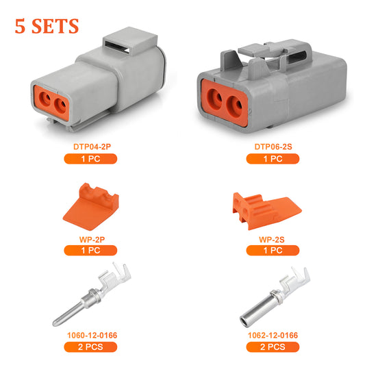 JRready DTP Series 2-Pin Waterproof Connector Kit, 5 Sets with Wedge Locks & 12# Stamped Contacts, 12-14AWG, 25A