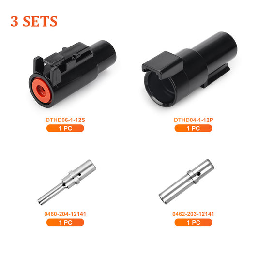 JRready DTHD Series 1-Pin Waterproof Connector Kit, 3 Sets with 12# Solid Machined Contacts, 12-16AWG, 25A