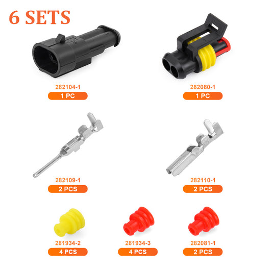 JRready 2 Pin Superseal 1.5 Series Waterproof Automotive Electrical Connectors (6 Matched Sets), 14-18 AWG, Compatible with AMP 282104-1 & 282080-1 Male & Female Housing, Automotive Wire-to-Wire System
