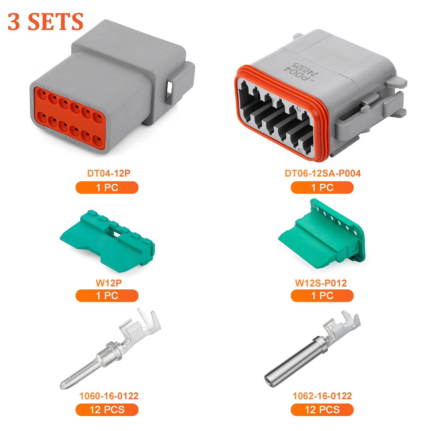 JRready 2-12 Pin Deutsch DT Connector Kit with #16 Stamped Contacts, 14-20 AWG - Waterproof Automotive & Truck Wire Connectors