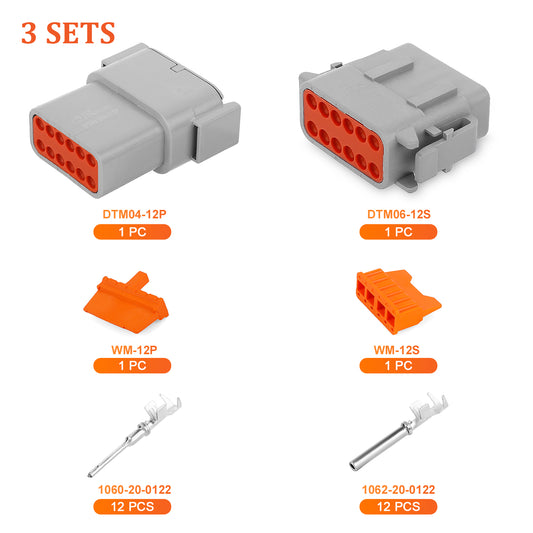 JRready 12-Pin Deutsch DTM Connector Kit with #20 Stamped Contacts, 16-22 AWG - Waterproof Marine, Truck, Motorcycle, Agricultural & Alternative Energy