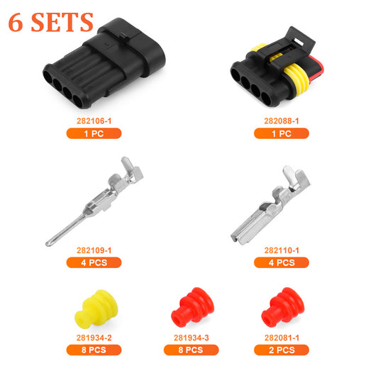 JRready Automotive Connectors 4 Pin Superseal 1.5 Series Waterproof Electrical Connectors (6 Matched Sets), 14-18 AWG, Compatible with AMP 282106-1 & 282088-1, Marine and Off-Road Wiring Reliability