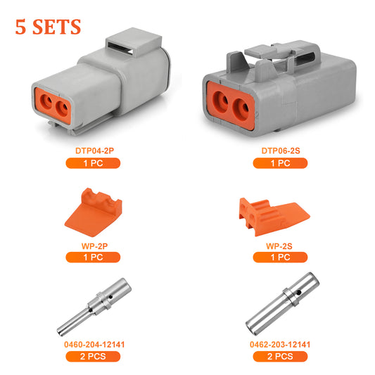 JRready DTP Series 2-Pin Waterproof Connector Kit, 5 Sets with Wedge Locks & 12# Solid Machined Contacts, 12-16AWG, 25A