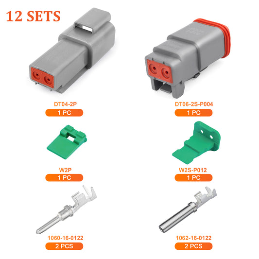 JRready 2-12 Pin Deutsch DT Connector Kit with #16 Stamped Contacts, 14-20 AWG - Waterproof Automotive & Truck Wire Connectors