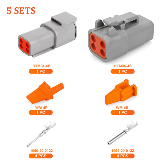 JRready 4-Pin Deutsch DTM Connector Kit with #20 Stamped Contacts, 16-22 AWG - Waterproof Marine, Truck, Motorcycle, Agricultural & Alternative Energy