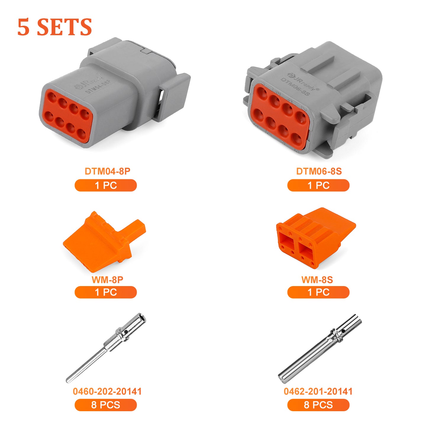 JRready 8-Pin Deutsch DTM Connector Kit with #20 Solid Contacts, 16-22 AWG - Waterproof Marine, Truck, Motorcycle, Agricultural & Alternative Energy