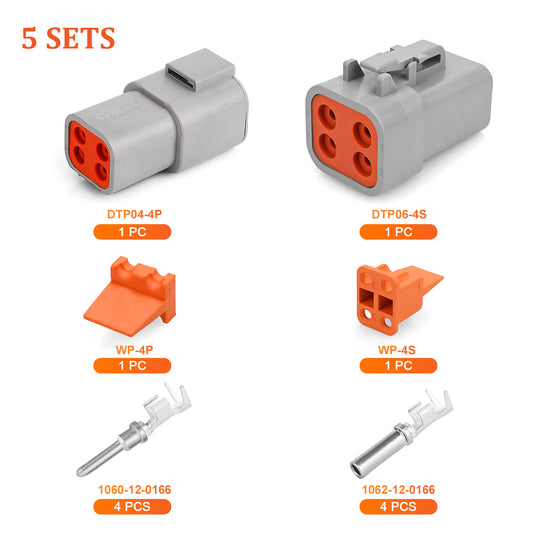 JRready DTP Series 4-Pin Waterproof Connector Kit, 5 Sets with Wedge Locks & 12# Stamped Contacts, 12-14AWG