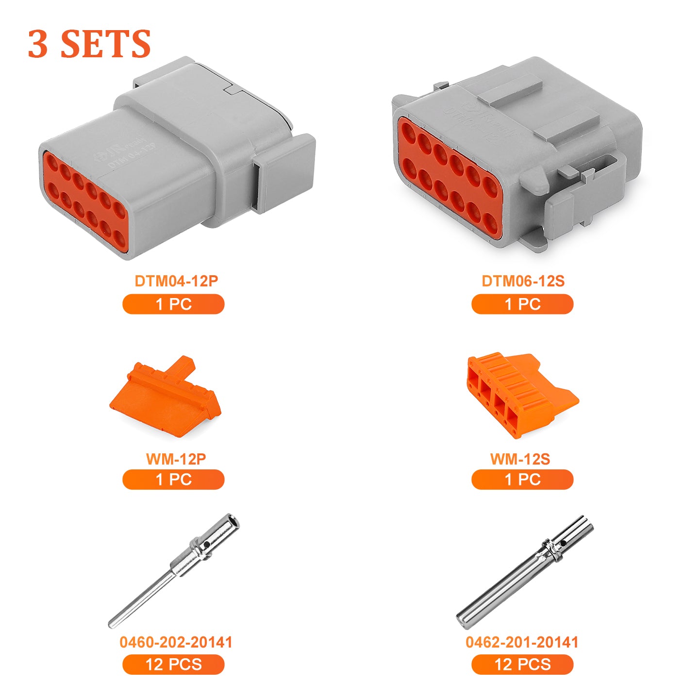 JRready 12-Pin Deutsch DTM Connector Kit with #20 Solid Contacts, 16-22 AWG - Waterproof Marine, Truck, Motorcycle, Agricultural & Alternative Energy
