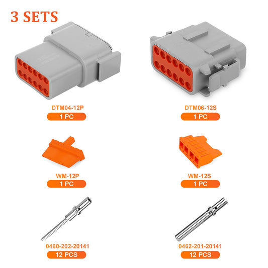 JRready 12-Pin Deutsch DTM Connector Kit with #20 Solid Contacts, 16-22 AWG - Waterproof Marine, Truck, Motorcycle, Agricultural & Alternative Energy