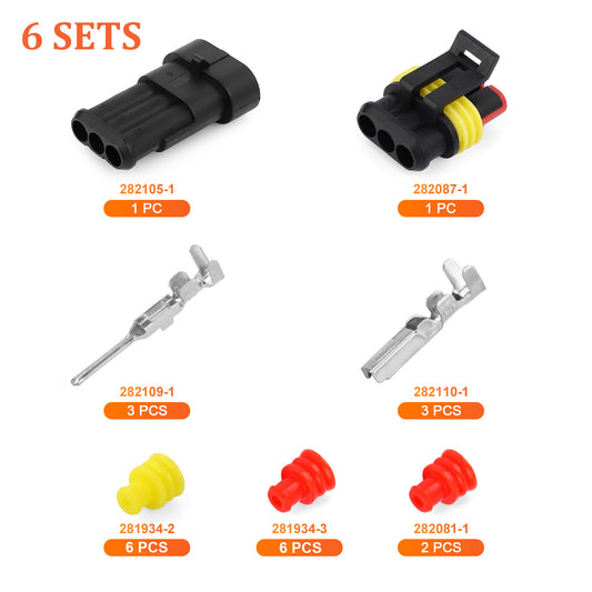 JRready 3 Pin Superseal 1.5 Series Waterproof Electrical Connectors (6 Matched Sets), 14-18 AWG, Compatible with AMP 282105-1 & 282081-1, Automotive Wire-to-Wire System