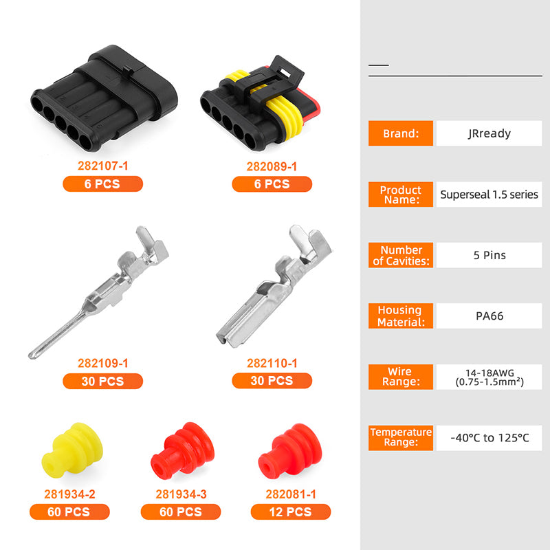 JRready 5-Pin Automotive Wire Connectors - Superseal 1.5 Series Waterproof Electrical Connectors, Automotive Electrical Connectors Kit (6 Sets)