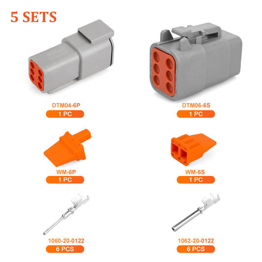 JRready DTM Series 6-Pin Connector Kit, 5 Sets, Waterproof Plug & Socket with 20# Stamped Contacts, 16-22AWG, Compatible with Deutsch DTM