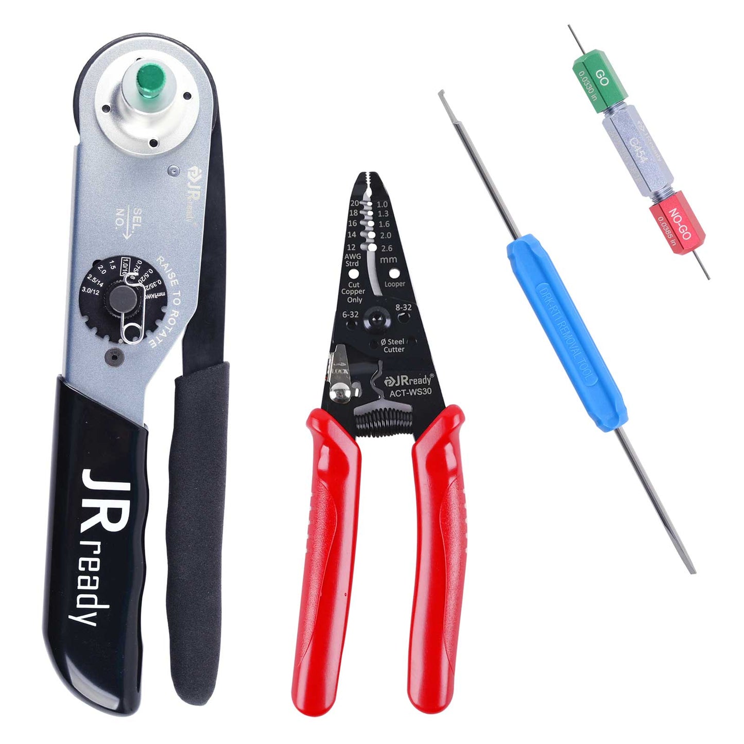 JRready JST2109S JRD-HDT-48 Closed Barrel Crimper Kit with ACT-WS30 Wire Stripper & G454 Gage & DRK-RT1 Removal tool Work with DT,DTM,DTP Connector 12#, 16#, 20# Solid Contacts
