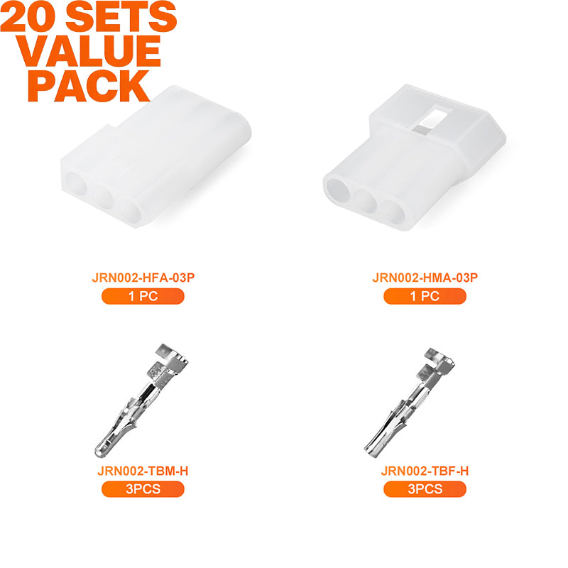 JRready JRN002 3 Pin Standard.093 Pin and Socket Connectors 3 Circuits (20 Matched Sets), 14-20 AWG, Compatible with Molex Standard.093 Male& Female Connector, 5.03 mm Pitch, Free Hanging