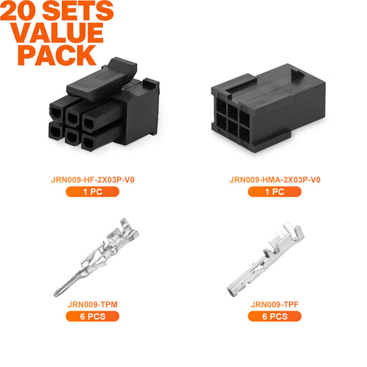 JRready JRN009 6 Pin 6 Circuits Molex 3.0 Pitch Micro-Fit Connector Kit Male Female Receptacle Housing Plug Wire Connector 20-24AWG Terminals Pin Sockets（20 Sets）