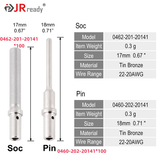 JRready ST6562 20# Pin & Socket Terminal Kit for Deutsch DTM HDP20 HD30 DRC Series Connectors, 0462-201-20141 & 0460-202-20141, 20-22 AWG Nickel-Plated, 7.5A Signal & Sensor Wiring