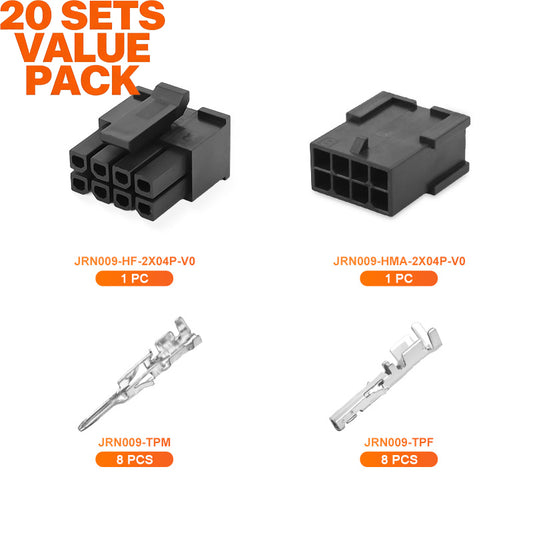 JRready JRN009 8 Pin 8 Circuits Molex 3.0 Pitch Micro-Fit Connector Kit Male Female Receptacle Housing Plug Wire Connector 20-24AWG Terminals Pin Sockets（20 Sets）