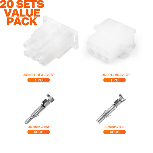JRready MOLEX Connector JRN001 6 Pin (20Matched Sets), 2.13mm Diameter Sockets 14-20 AWG, Compatible with Molex MLX Power Connector, 6.35mm Pitch, Free Hanging(20 sets）