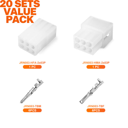 JRready JRN003 6 Pin 20Pairs Molex 1625 Series Standard .062 Series Pins and Sockets 1.57mm Diameter 18-24AWG Crimp Terminals Molex 03061062 and 03062061 3.68mm Pitch Connectors（20 sets）