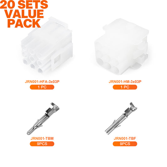 JRready MOLEX Connector JRN001 9 Pin (20Matched Sets), 2.13mm Diameter Sockets 14-20 AWG, Compatible with Molex MLX Power Connector, 6.35mm Pitch, Free Hanging(20 sets）