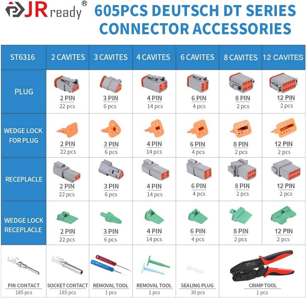 JRready ST6316 DT 2-12 Pin Deutsch Connector Kit & Open Barrel Crimp Tool ACT-LY-16DT & Size 16 Stamped Contacts