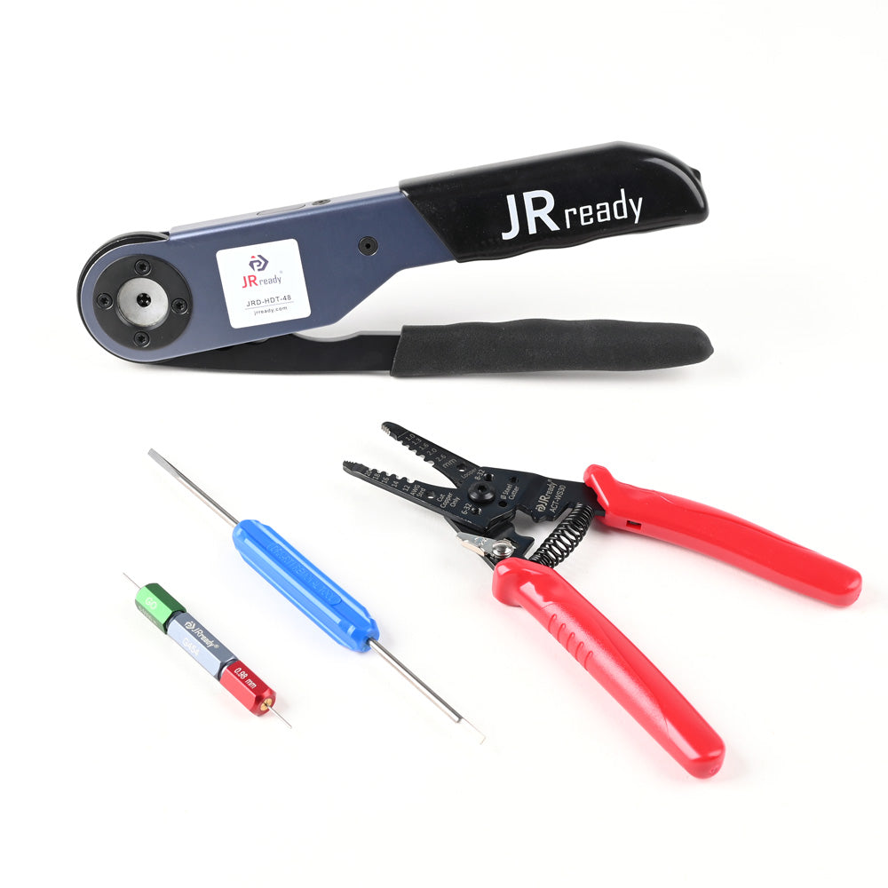 JRready JST2109S JRD-HDT-48 Closed Barrel Crimper Kit with ACT-WS30 Wire Stripper & G454 Gage & DRK-RT1 Removal tool Work with DT,DTM,DTP Connector 12#, 16#, 20# Solid Contacts
