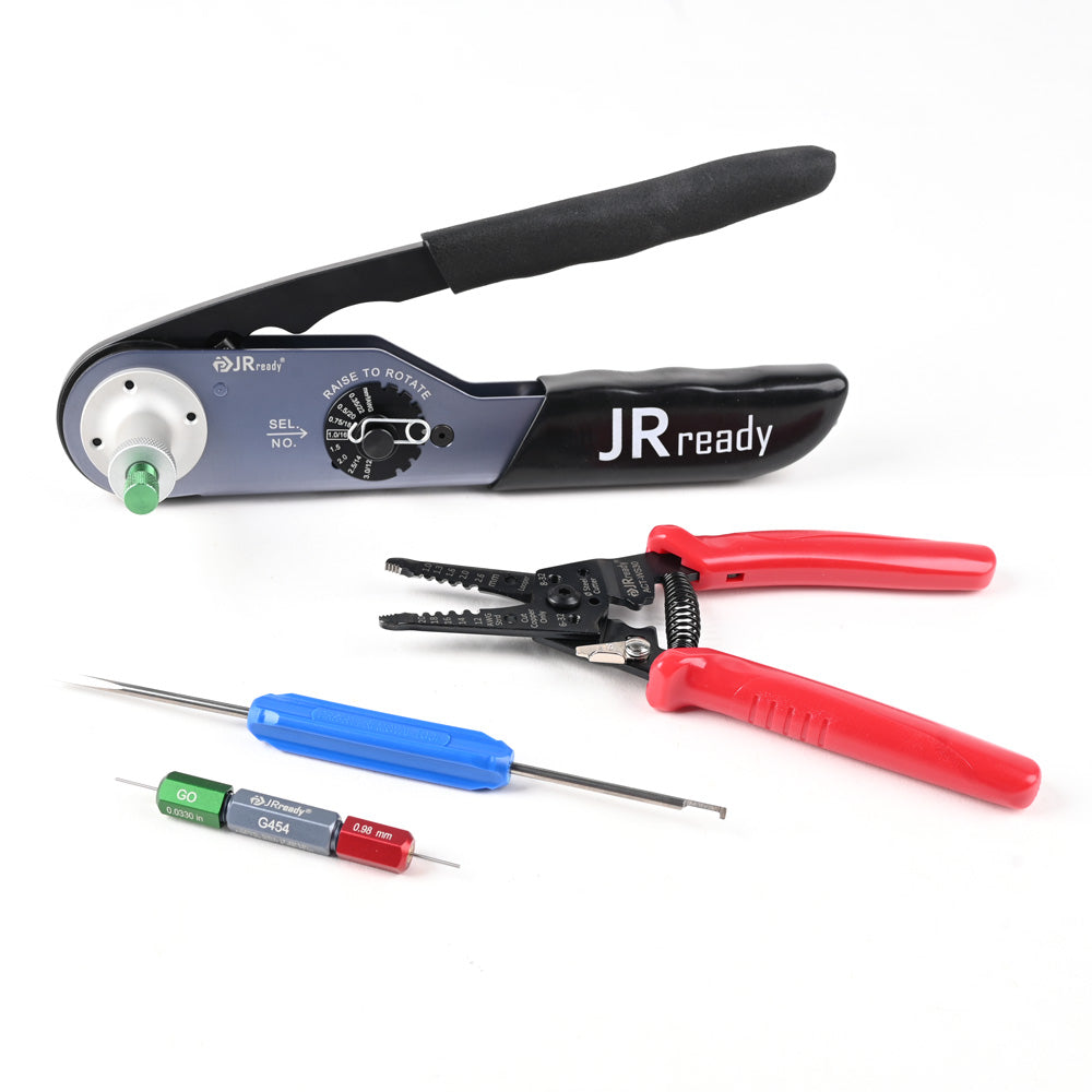 JRready JST2109S JRD-HDT-48 Closed Barrel Crimper Kit with ACT-WS30 Wire Stripper & G454 Gage & DRK-RT1 Removal tool Work with DT,DTM,DTP Connector 12#, 16#, 20# Solid Contacts