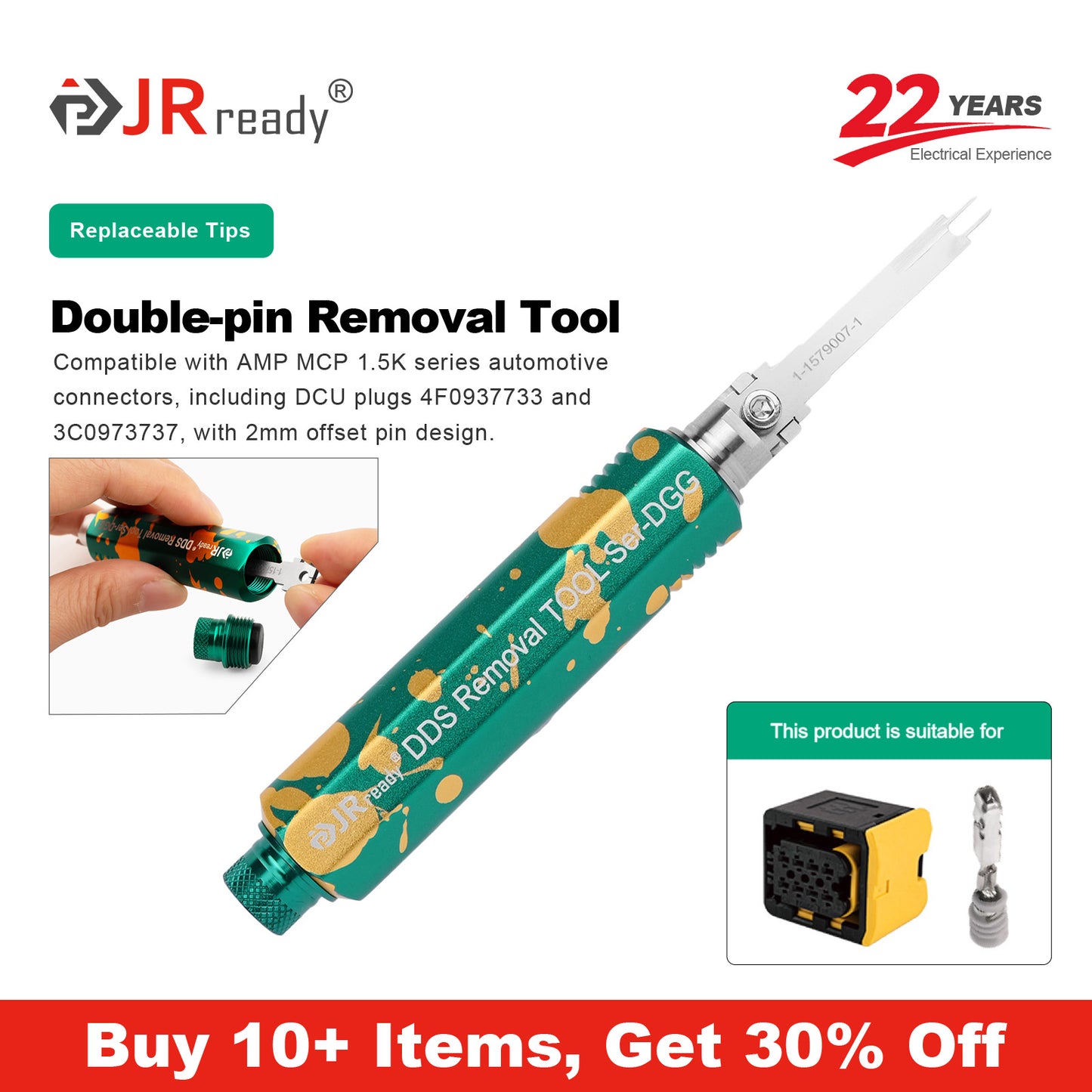 JRready JRDDS-1-1579007-1-01/ JRDDS-1-1579007-1-07 Strumento di estrazione terminale a doppio pin per spine AMP MCP 1.5k, DCU (P/N: 4F0 