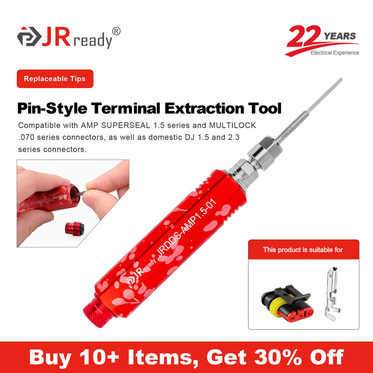 Strumento di estrazione dei terminali a pin JRready JRDDS-AMP1.5-01/ JRDDS-AMP1.5-03 per connettori AMP SUPERSEAL serie 1.5 e terminali a molla singola di grandi dimensioni o terminali a molla interna