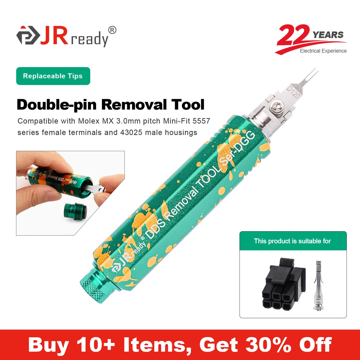 JRready JRDDS-D120-01/ JRDDS-D120-07 Strumento di estrazione terminale a doppio pin per terminali femmina Molex MX passo 3,0 mm serie 5557 (alloggiamento 43025) 