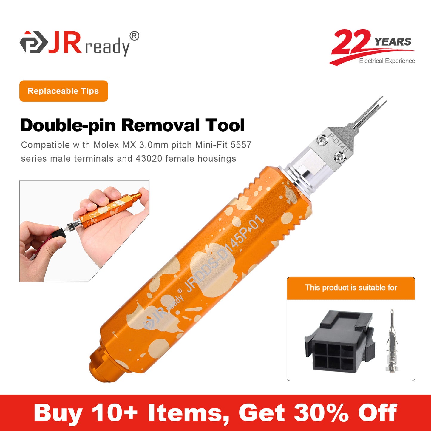 JRready JRDDS-D145P-01/ JRDDS-D145P-13 Dual-Pin Terminal Extraction Tool for Molex MX3.0mm Pitch 5557 Series Male Terminals &amp; 43020 Female Housing