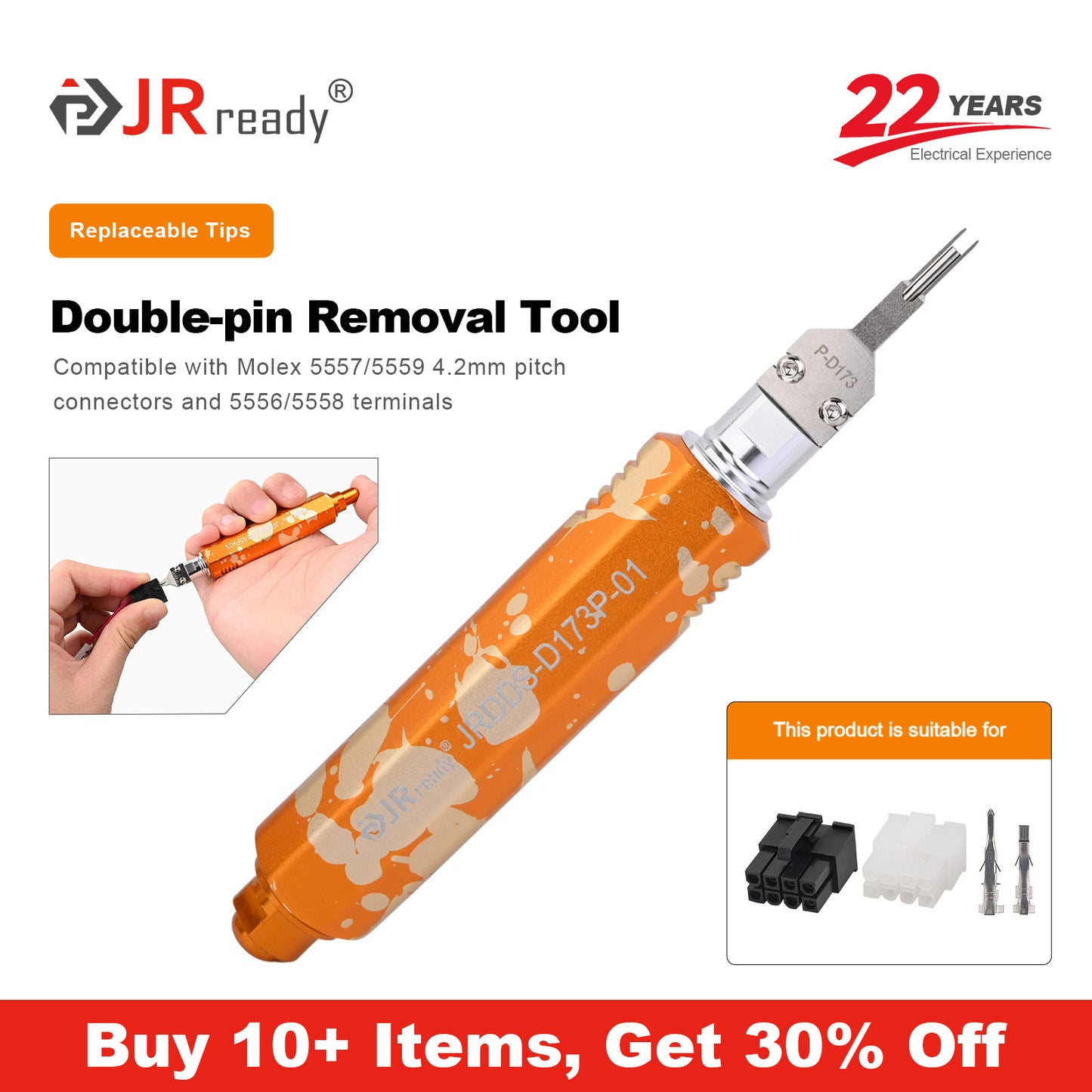 JRready JRDDS-D173P-01/ JRDDS-D173P-13 Strumento di estrazione per terminali a doppio pin per connettori passo 4,2 mm 5557/5559 e terminali 5556/5558 