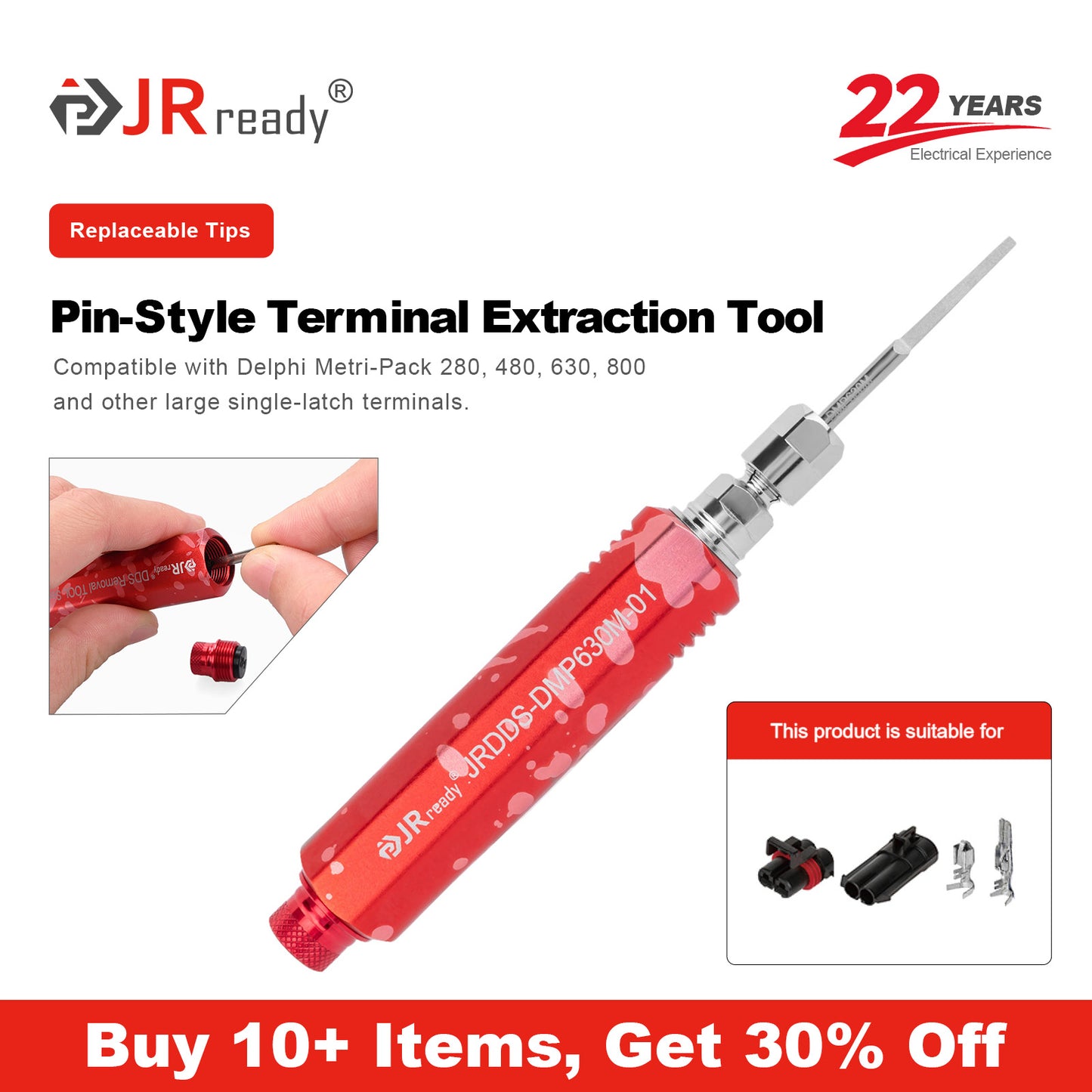Strumento di estrazione dei terminali a pin JRready JRDDS-DMP630M-01/ JRDDS-DMP630M-03 per le serie Delphi Metri-Pack 280/480/630/800 e altri terminali a molla singola di grandi dimensioni 