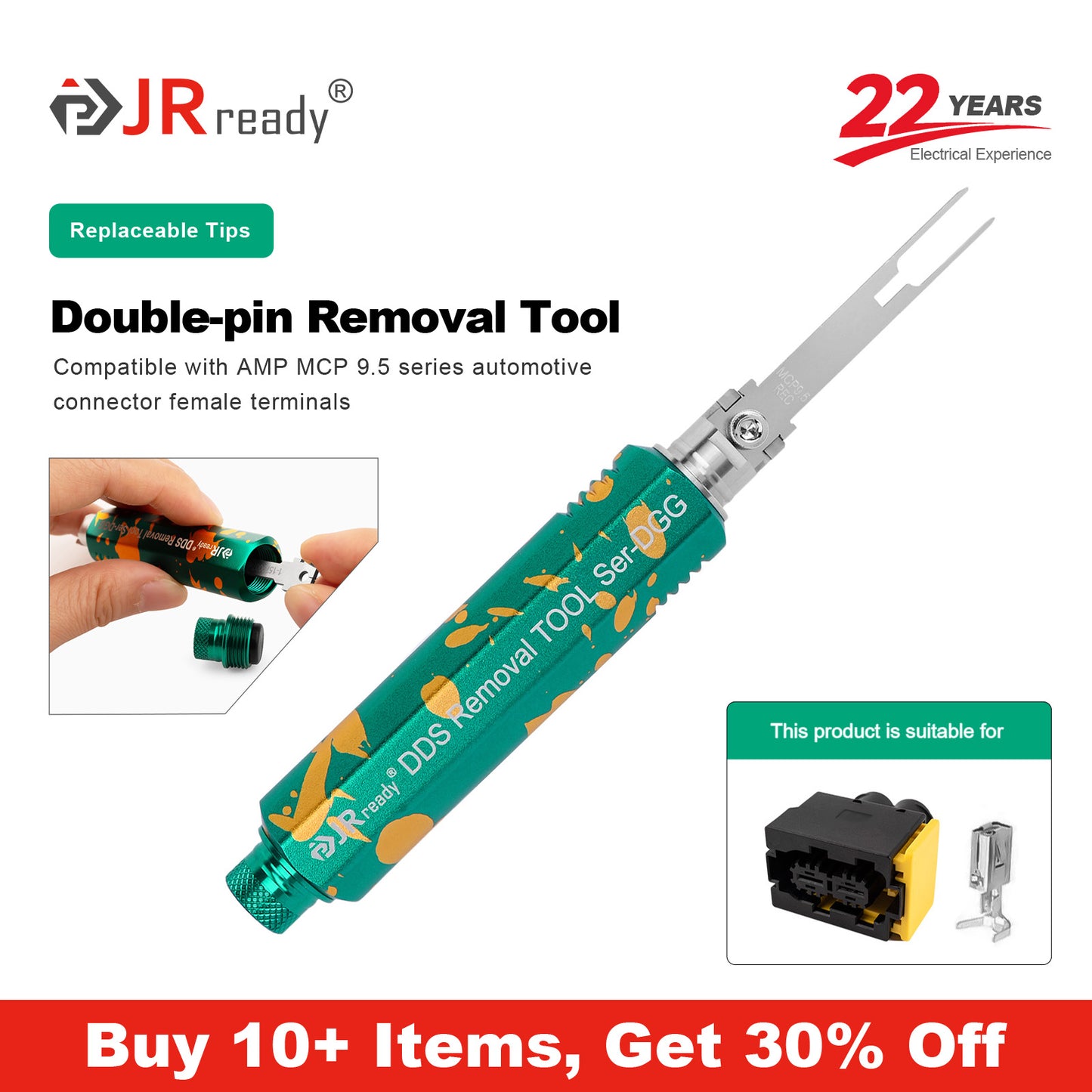 JRready JRDDS-MCP9.5REC-01/ JRDDS-MCP9.5REC-07 Strumento di estrazione per terminali a doppio pin per terminali femmina dei connettori automobilistici AMP MCP serie 9.5