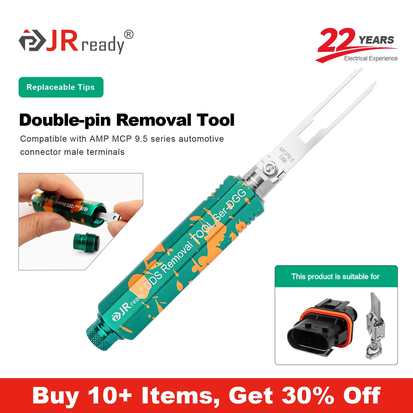 JRready JRDDS-MCP9.5TAB-01/ JRDDS-MCP9.5TAB-07 Strumento di estrazione terminale a doppio pin per terminali maschio dei connettori automobilistici serie AMP MCP 9.5 